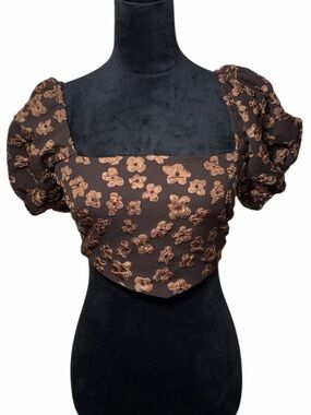 Le Lis Brown Floral Puff Sleeve Square-Neck Crop Top